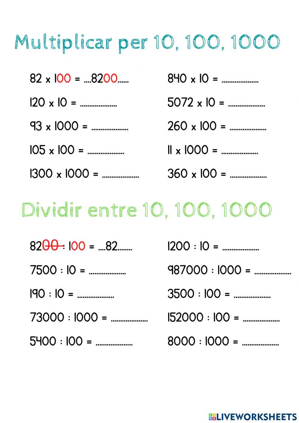 Multiplicar i dividir 10, 100, 1000