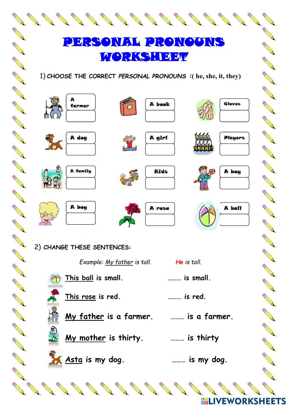Pronouns worksheets for kids