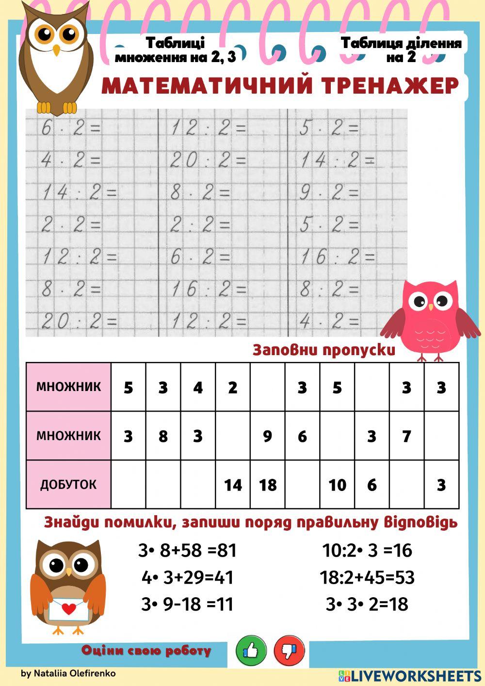 Таблиці множення на 2,3, ділення на 2