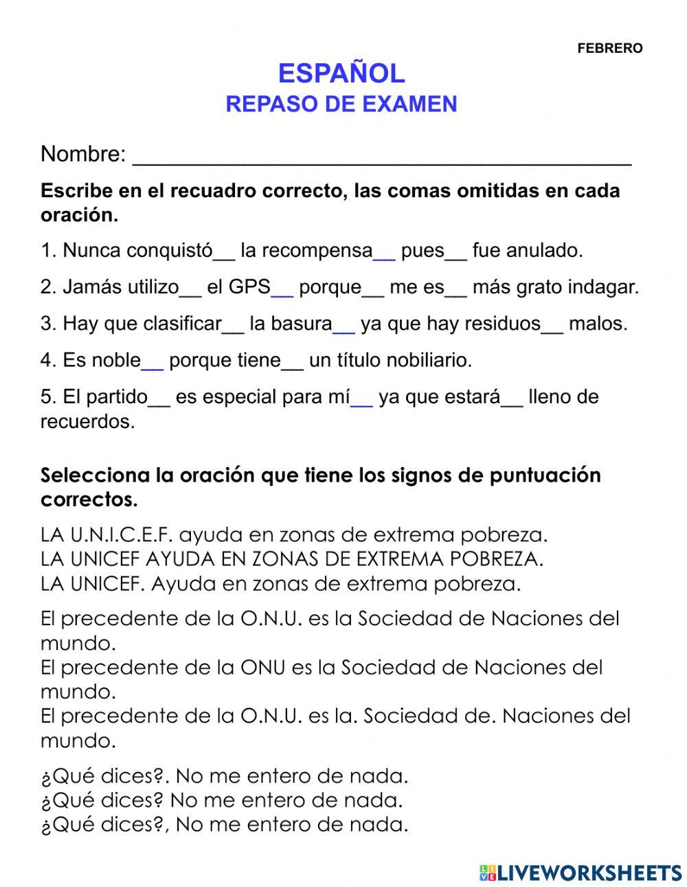 Español repaso febrero examen