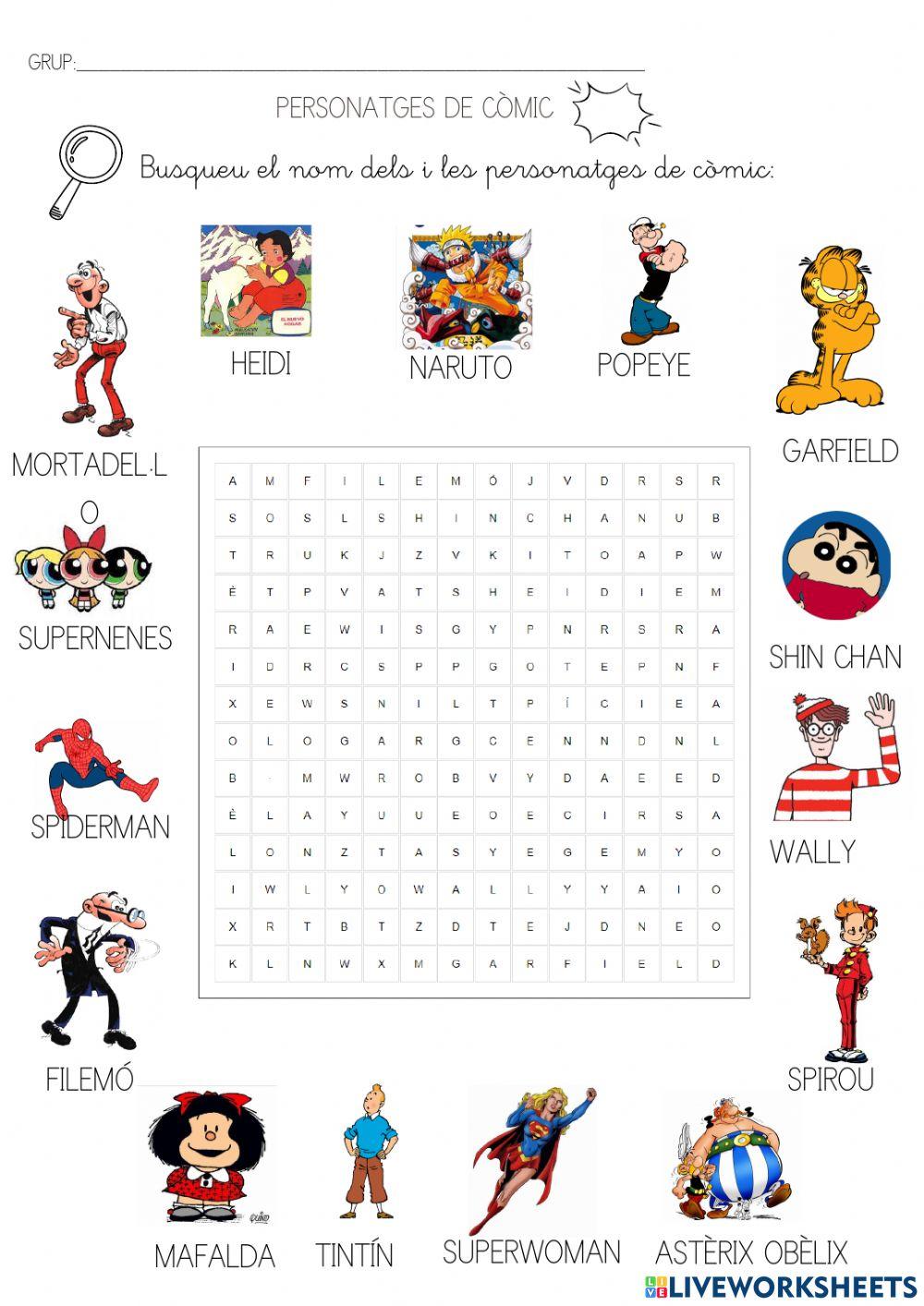 Sopa de lletres personatges còmic