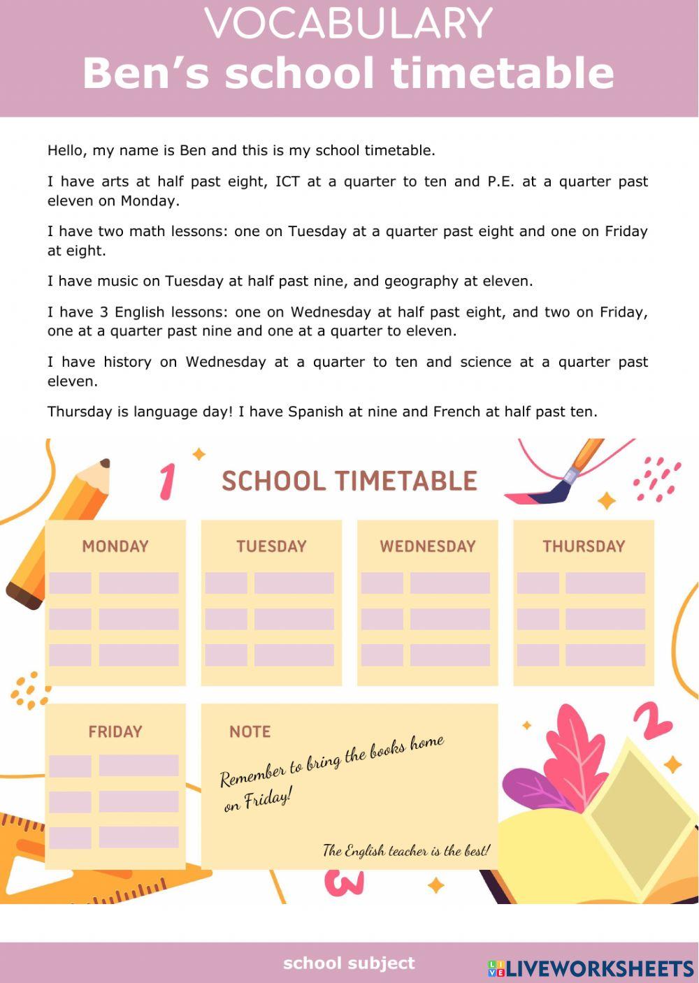 Ben's school timetable