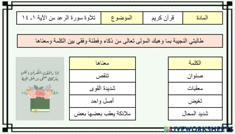 ورقة عمل تلاوة سورة الرعد من 1ـ14