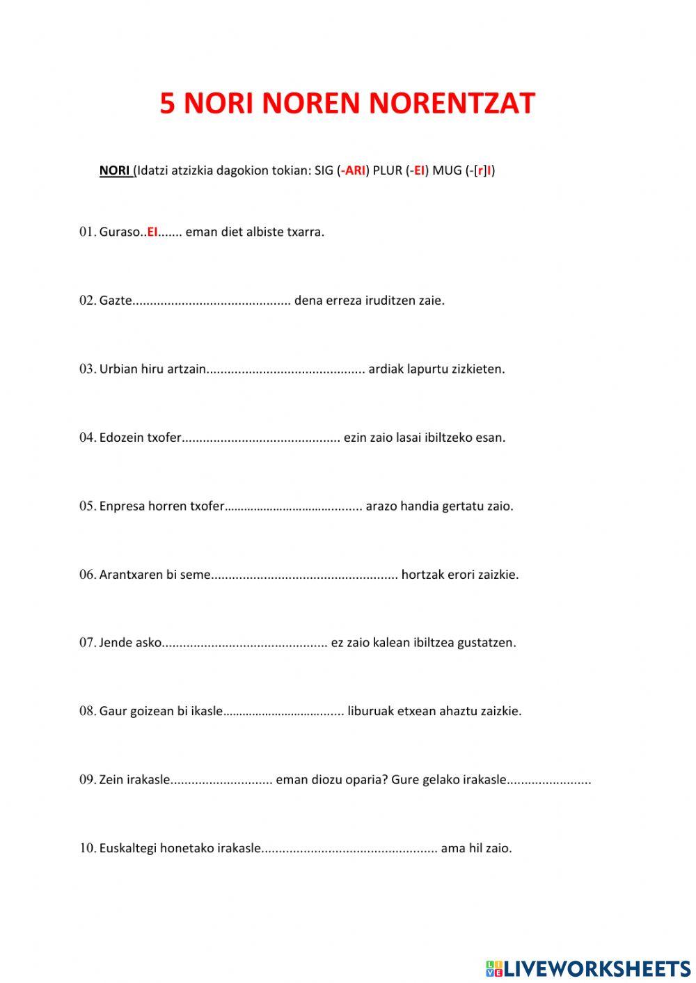 5 nori, noren, norentzat