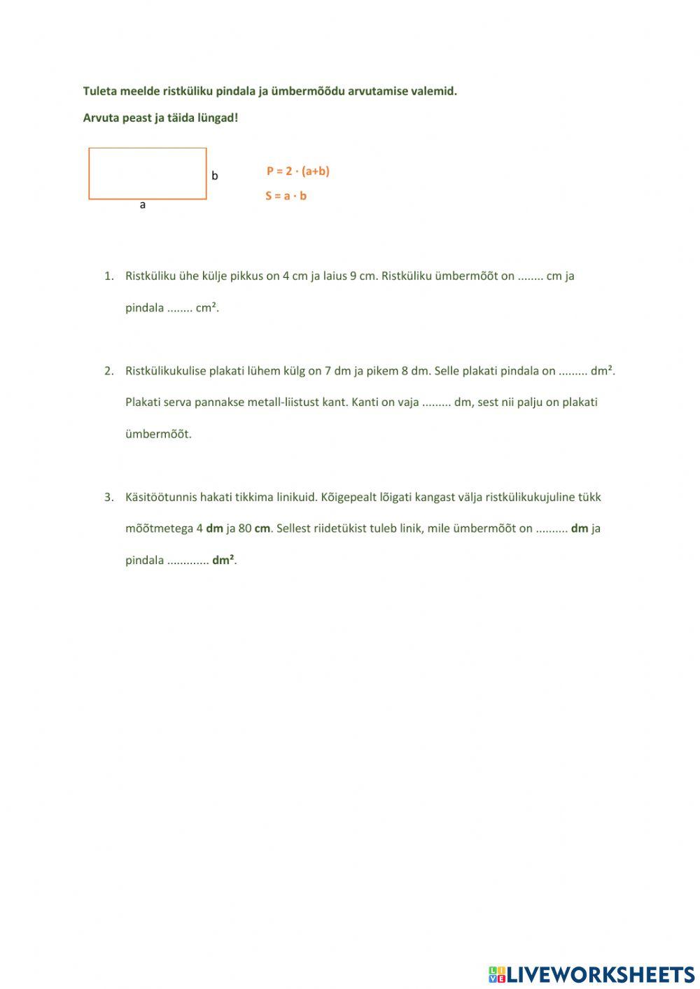 Ristküliku pindala ja ümbermõõt, 4. klass