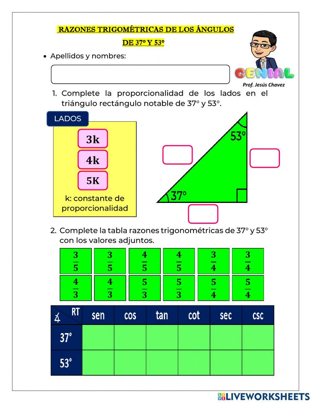 Razones trigonométricas de los ángulos de 37° y 53°