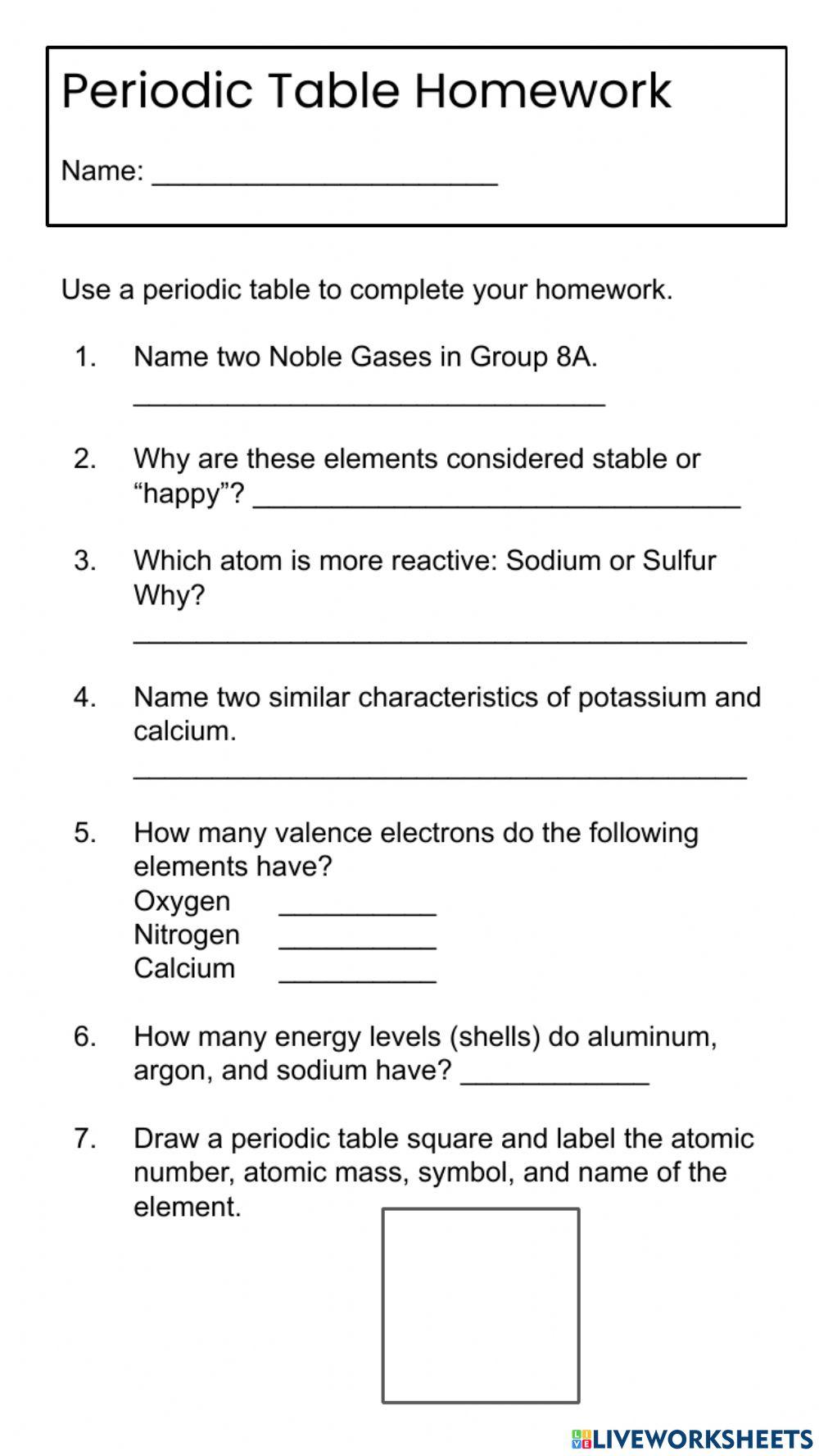Periodic Table Homework Worksheet