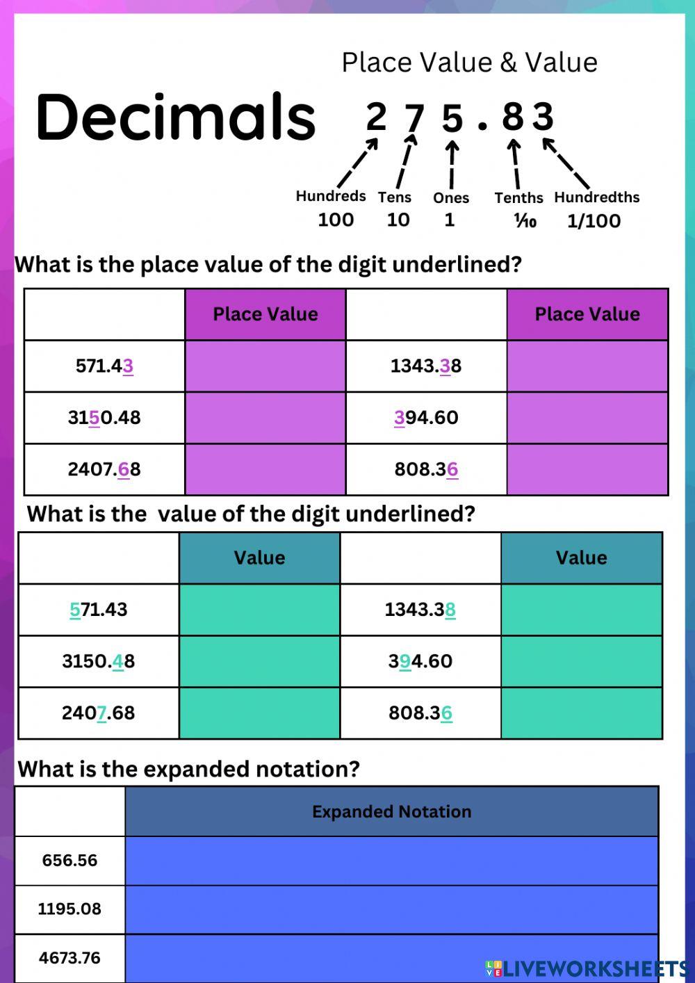 Decimal Place Value and Value