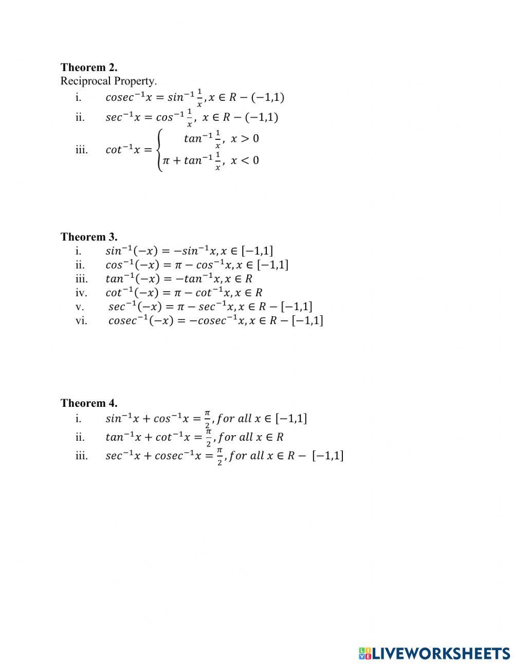 Theorems on trigonometric functions worksheet | Live Worksheets
