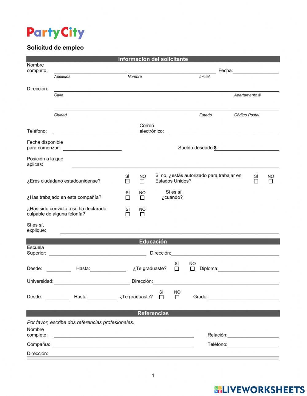 Solicitud empleo party city worksheet live worksheets