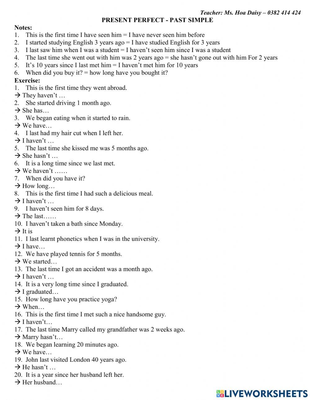 Present perfect - past simple writing sentences