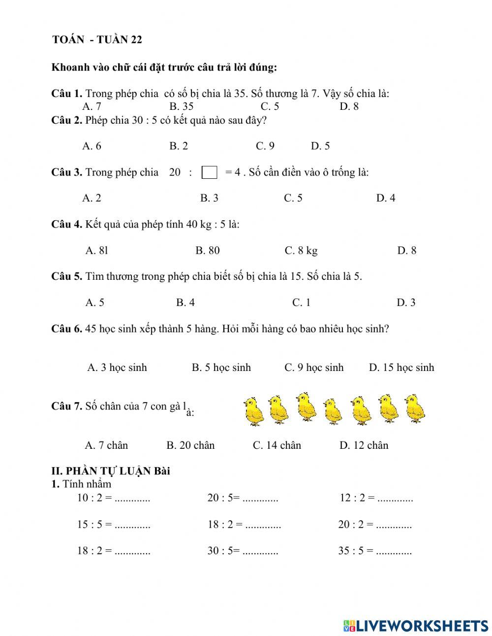 Toan lớp 2 tuần 22