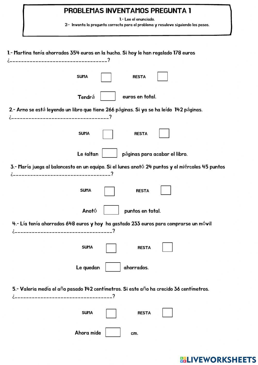 Problemas inventar la pregunta