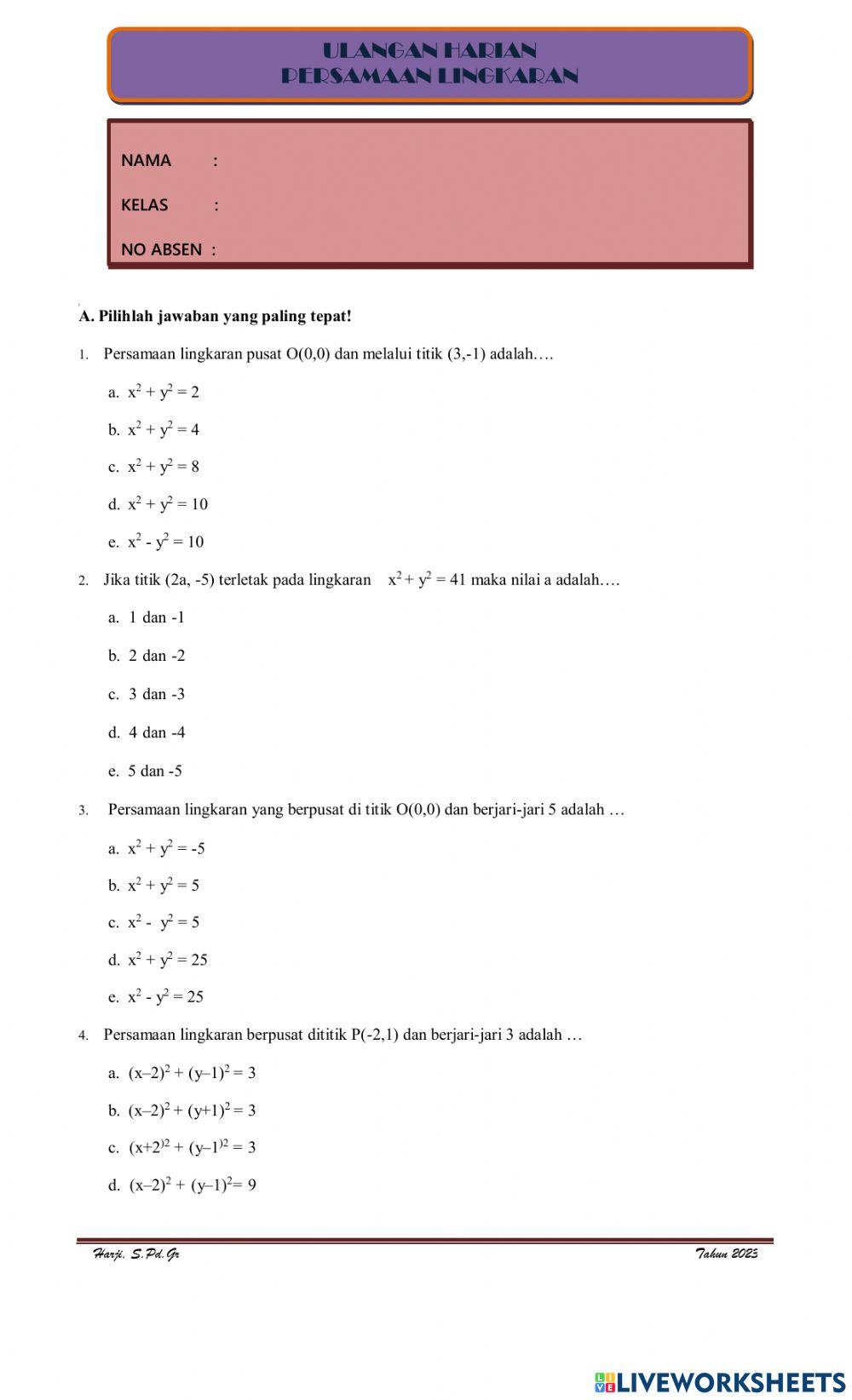 Ulangan Harian Persamaan Lingkaran