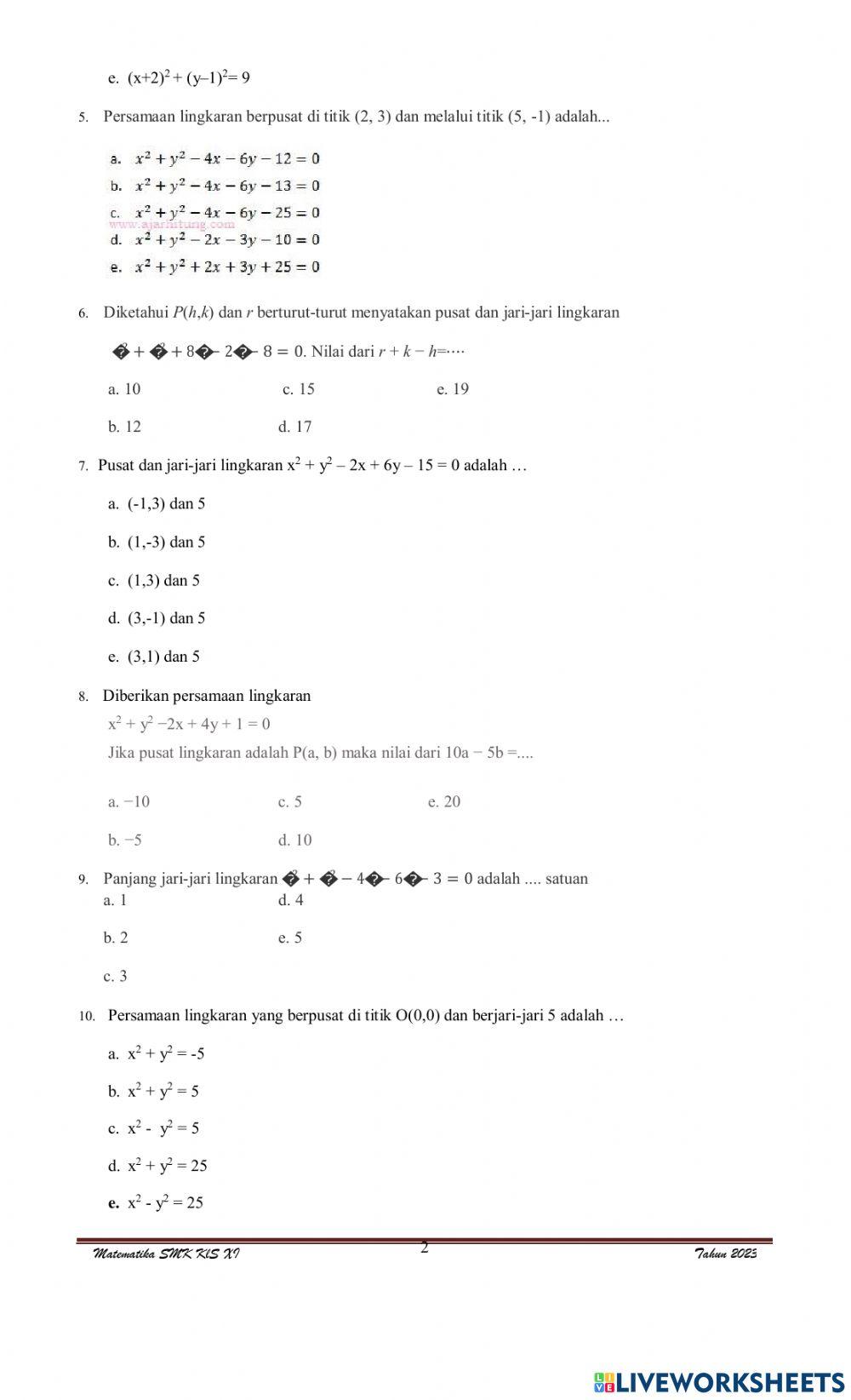 Ulangan Harian Persamaan Lingkaran