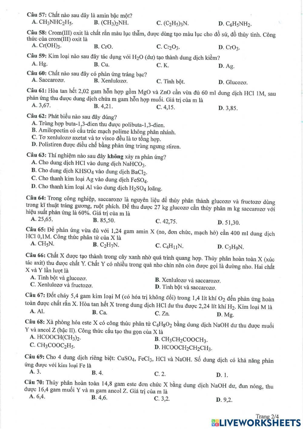 Đề minh họa 2023 môn hóa