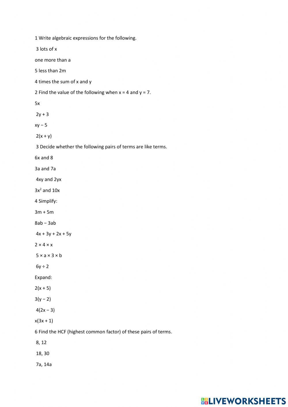 10PW2 Algebra pretest