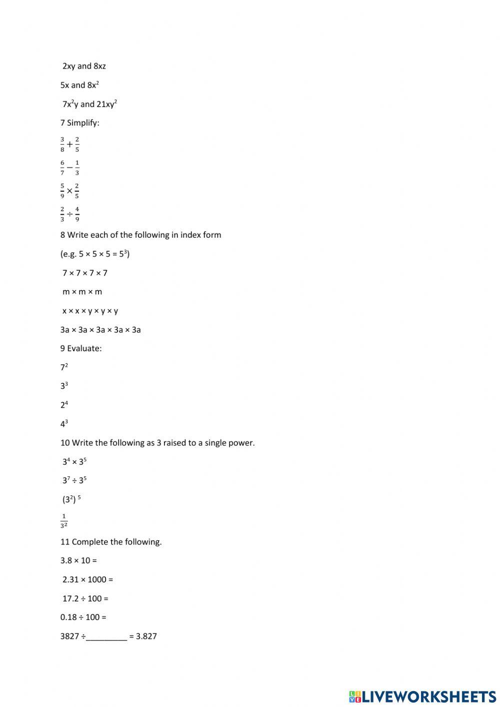 10PW2 Algebra pretest