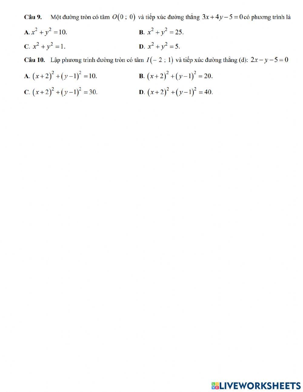 K10.Ôn tập Kiểm tra Giữa HK2 - Phương trình đường tròn
