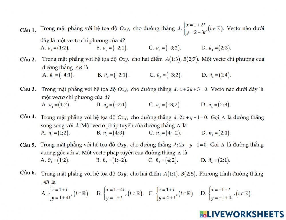 K10.Ôn tập Kiểm tra Giữa HK2 - Phương trình đường thẳng