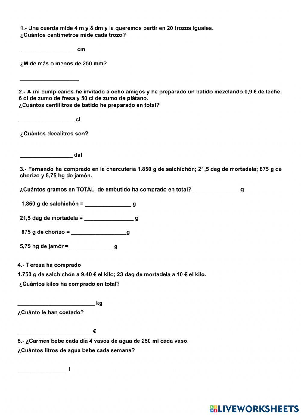 Examen magnitudes 5º Primaria