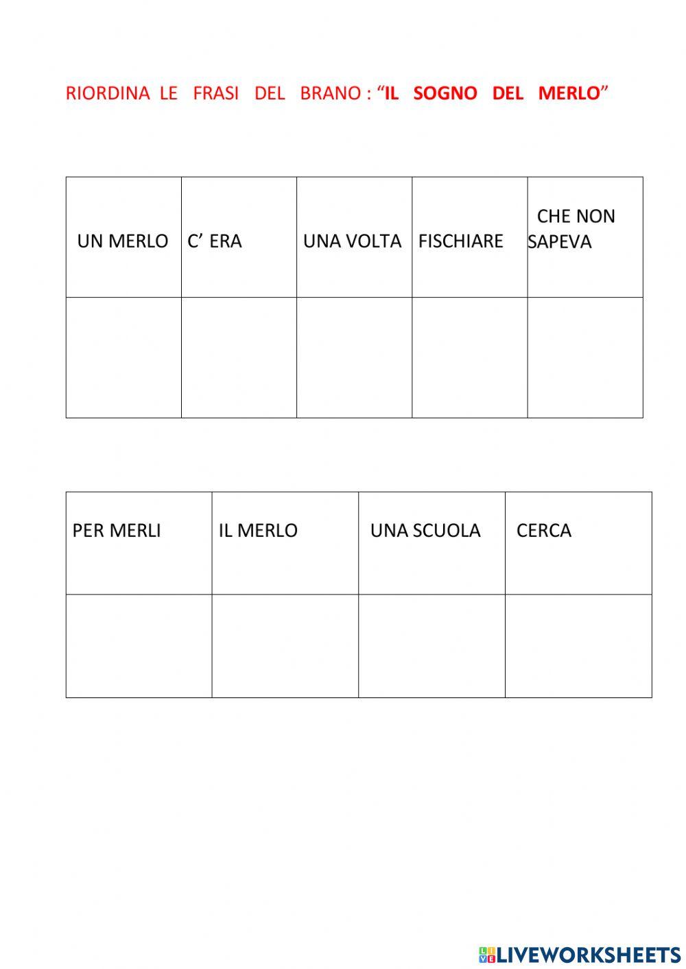 Riordina le frasi del brano -il sogno del merlo-