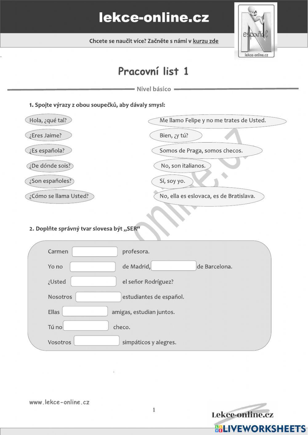 Verbo SER worksheet for 1 Live Worksheets