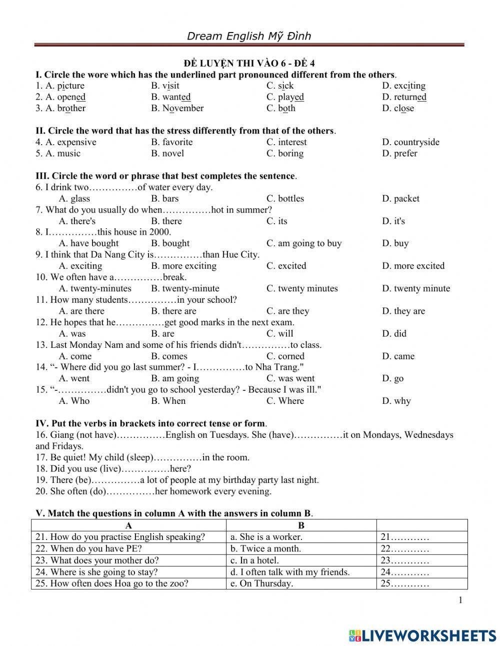 Đề thi tiếng Anh vào lớp 6