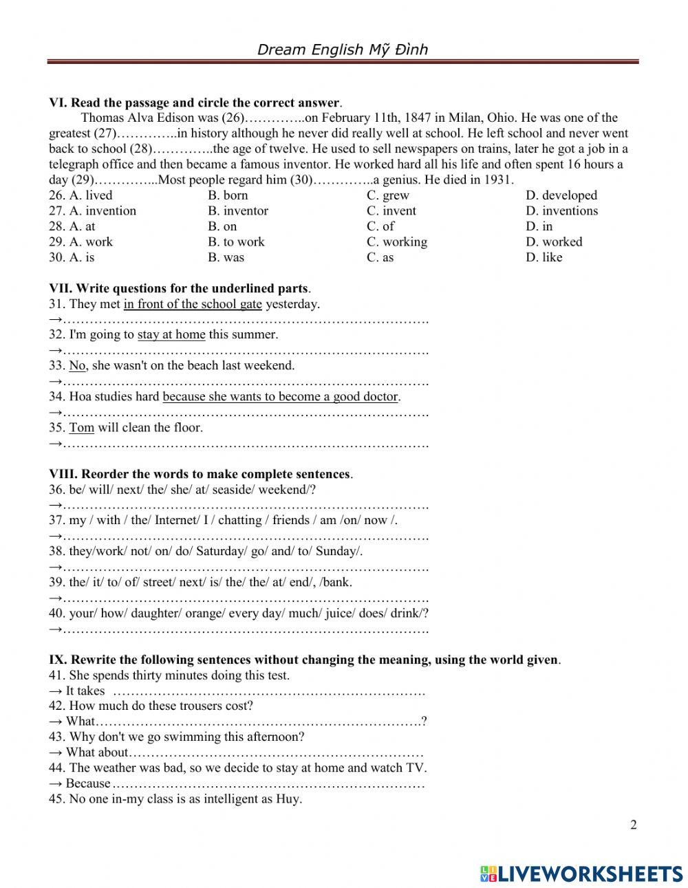 Đề thi tiếng Anh vào lớp 6