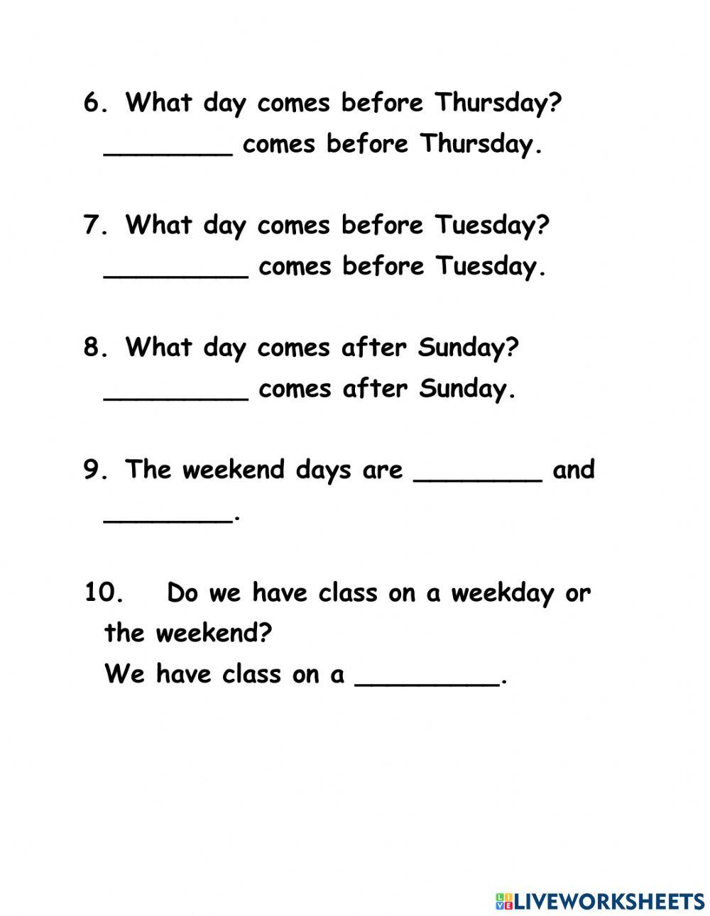 Questions about Days of the Week