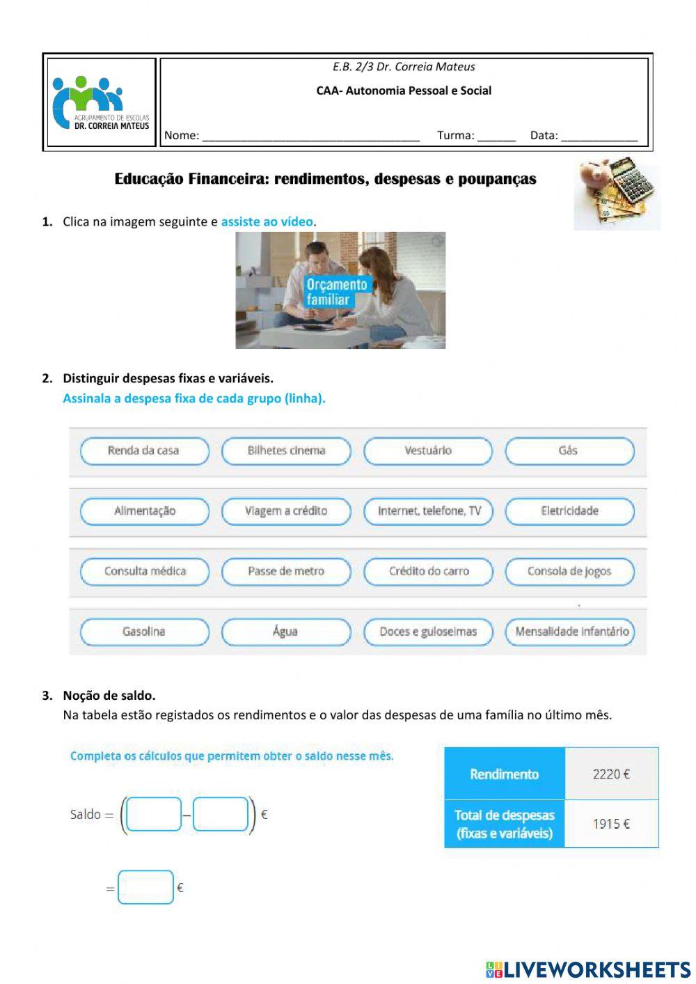 Educação financeira: rendimentos, despesas e poupanças
