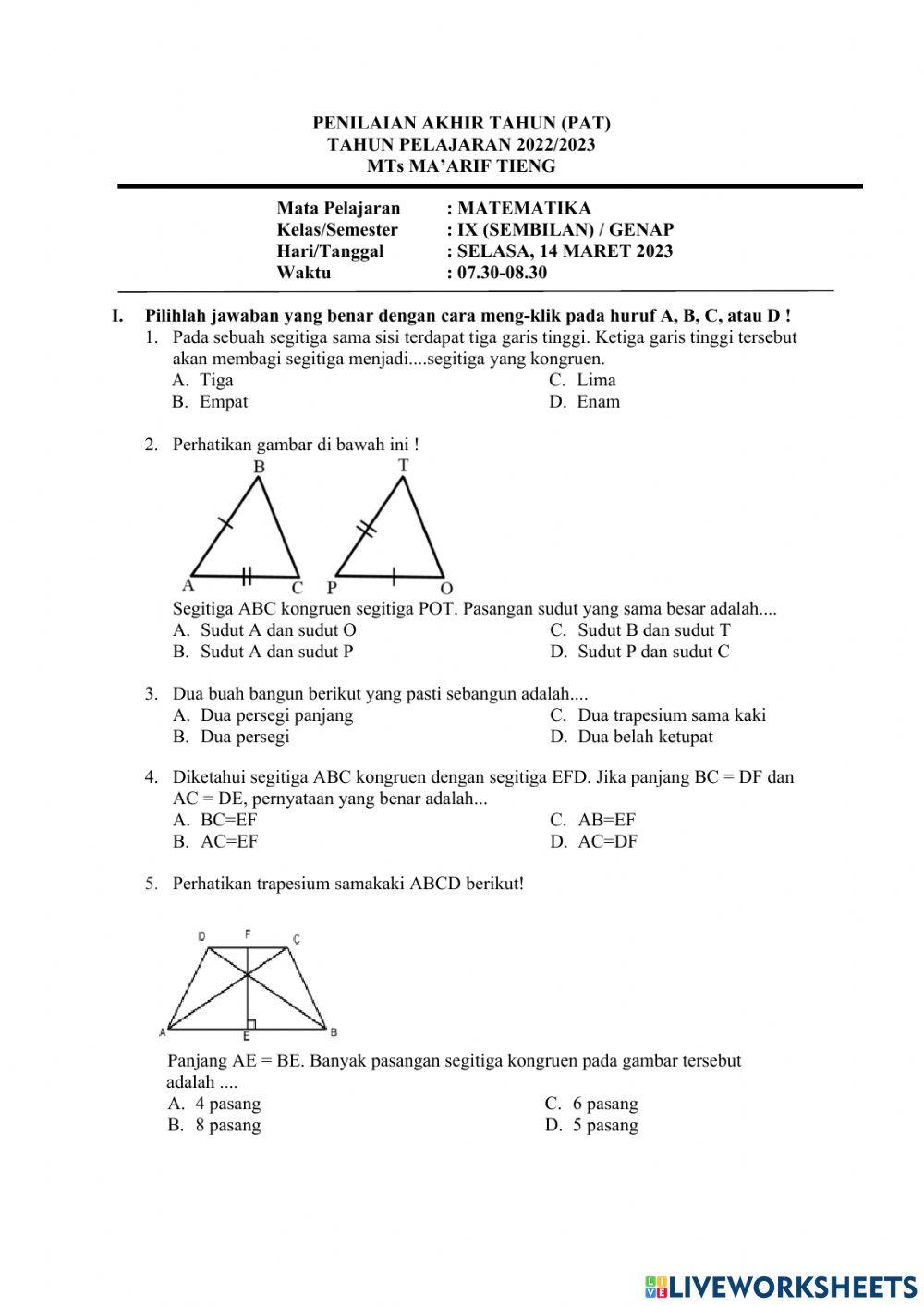 Pat MATEMATIKA kelas 9 mts ma'arif tieng kejajar wonosobo tahun 2022-2023