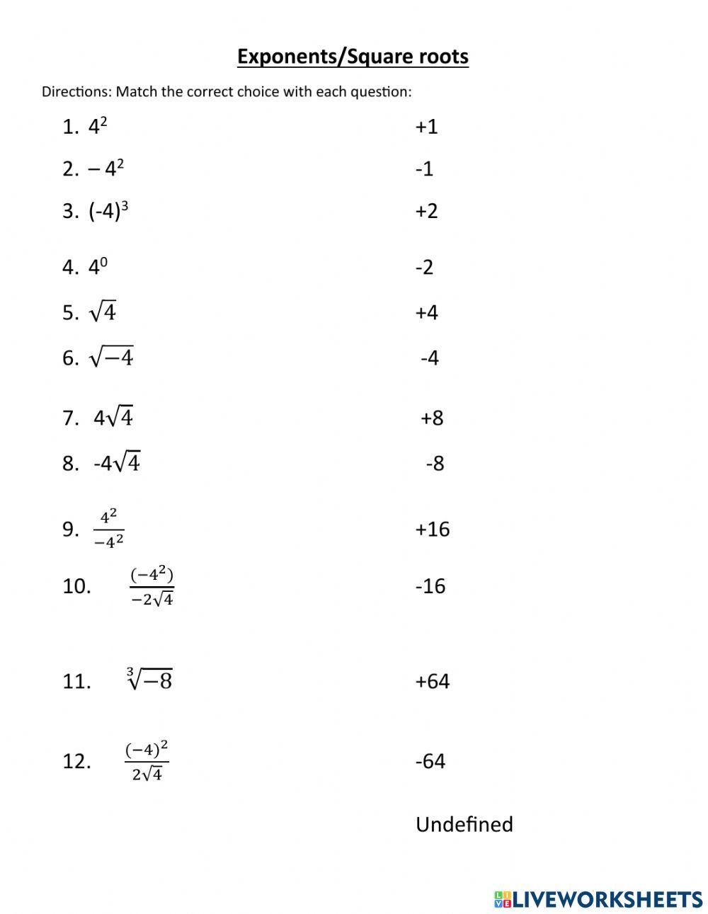 Exponents Square Roots Interactive Worksheet Live Worksheets Exponents Square Roots Interactive Worksheet Live Worksheets