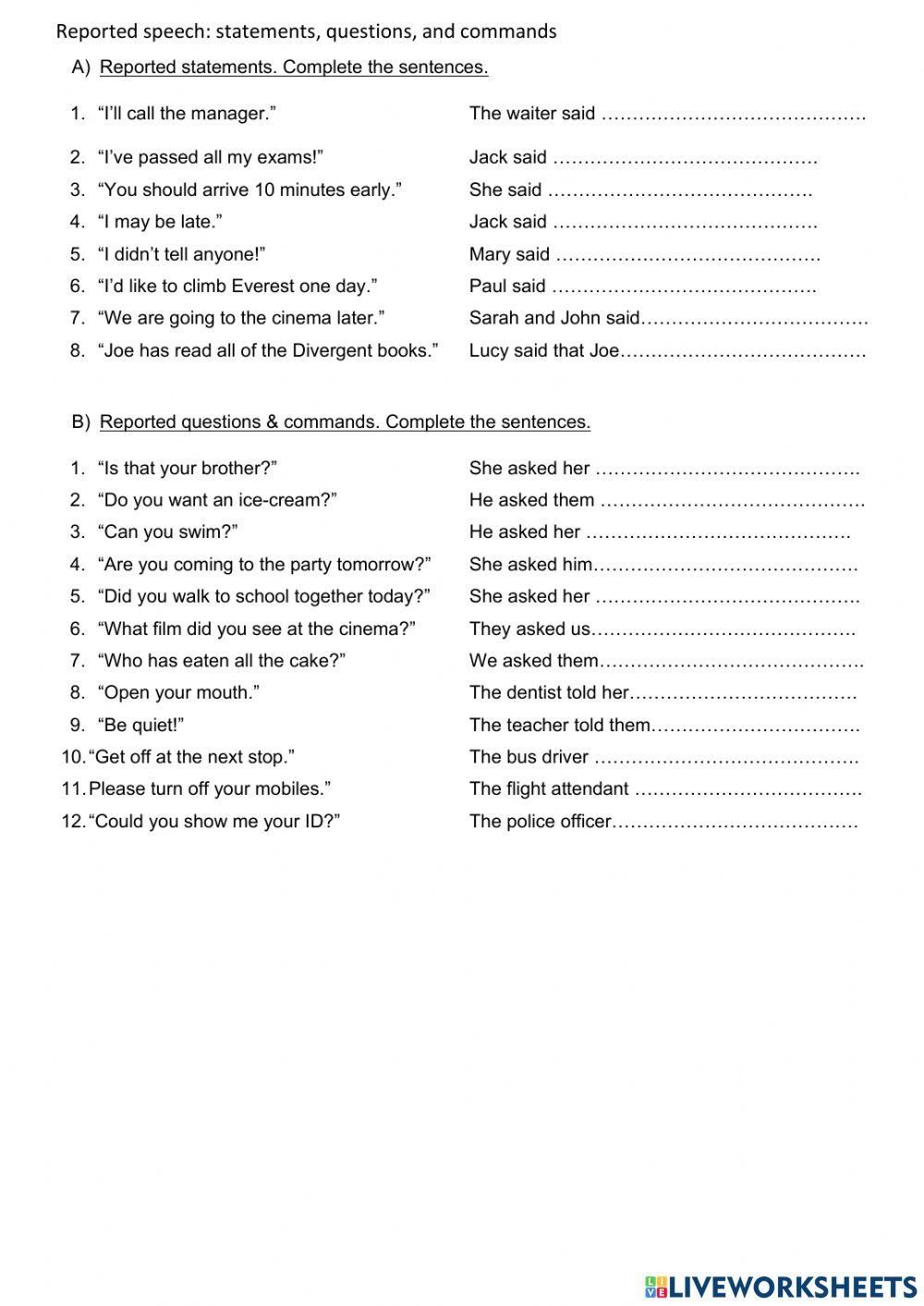Reported Speech interactive worksheet | Live Worksheets