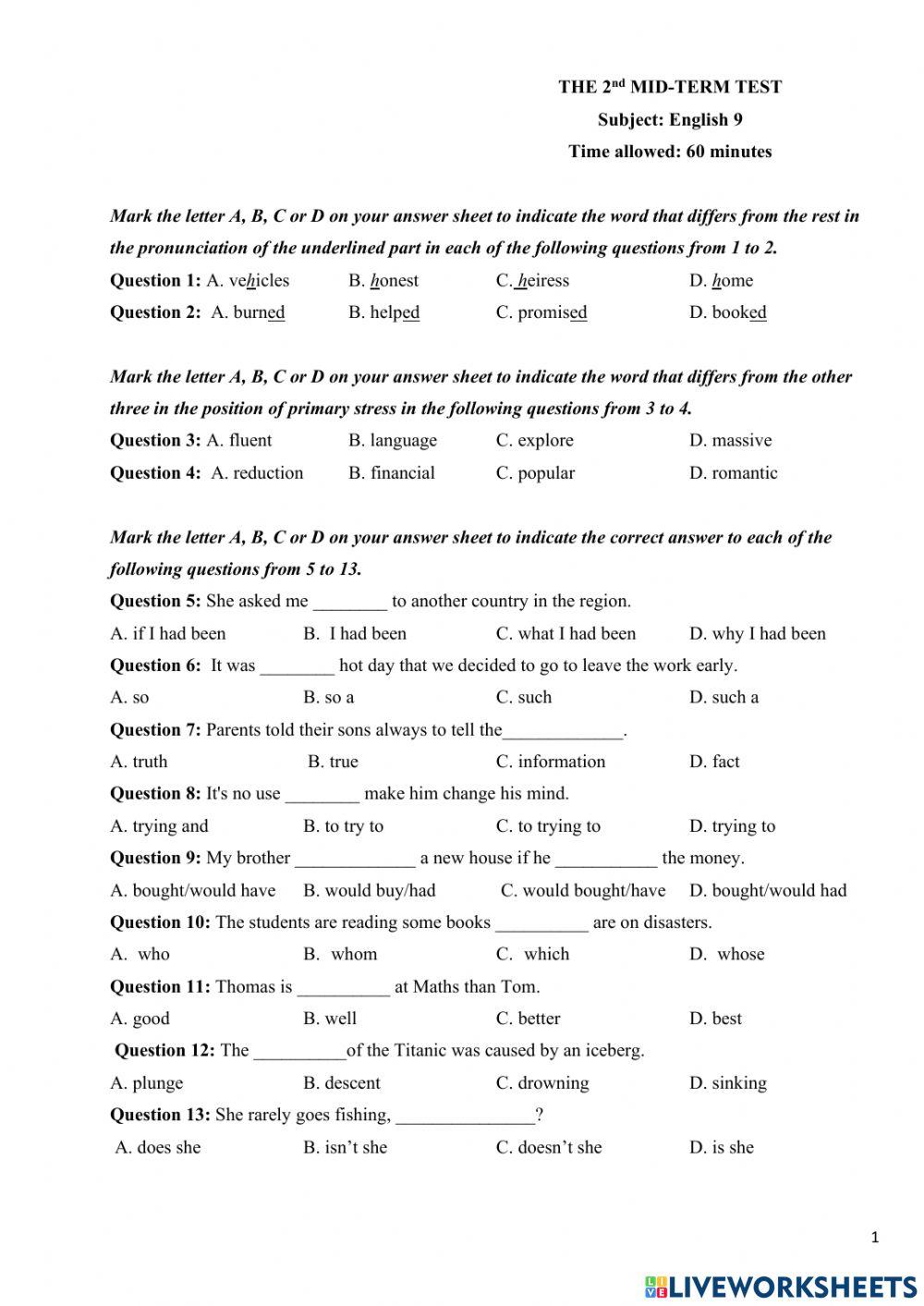 Grade 9-Đề kiểm tra giữa học kì 2.1