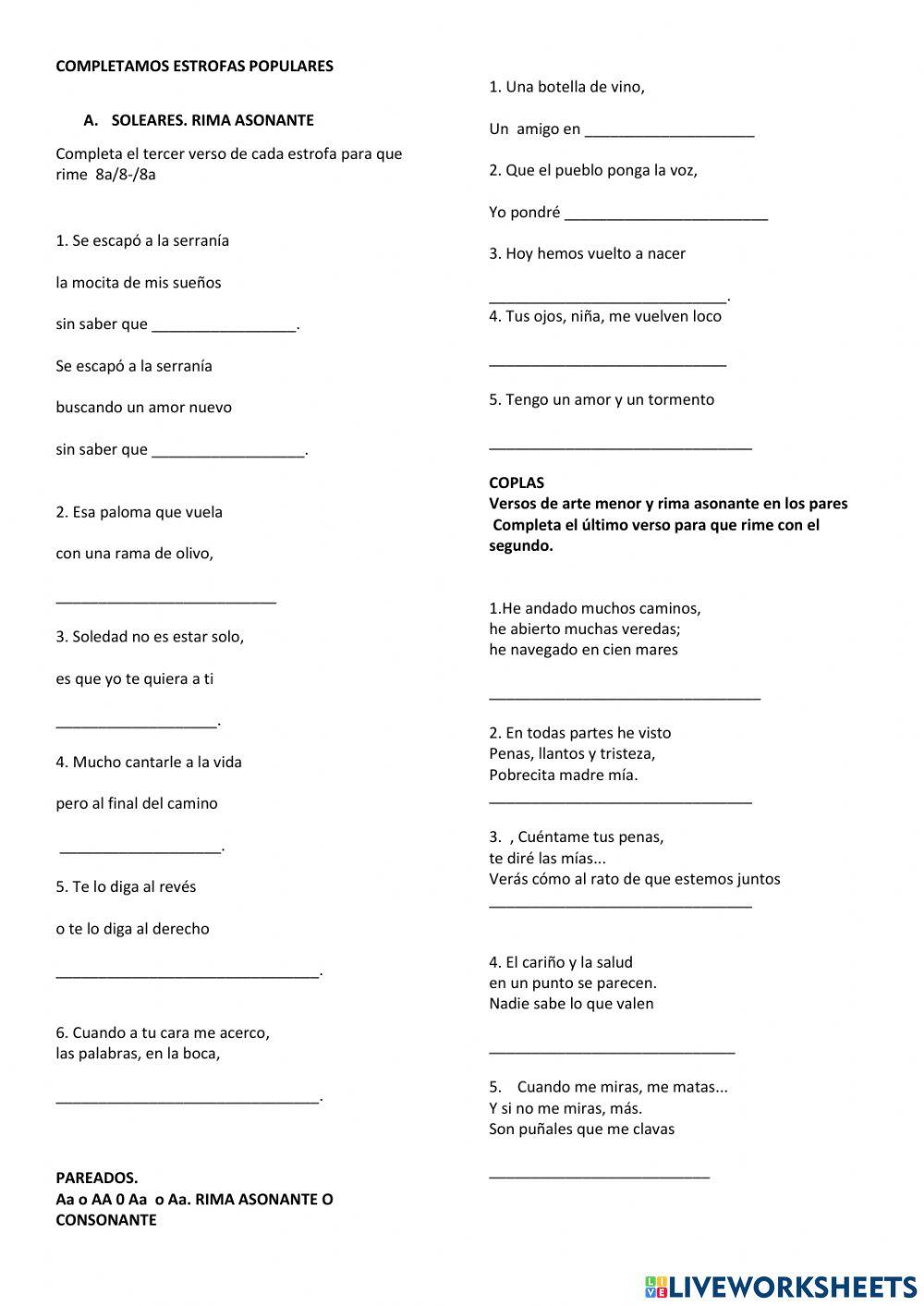 COMPLETAMOS ESTROFAS POPULARES