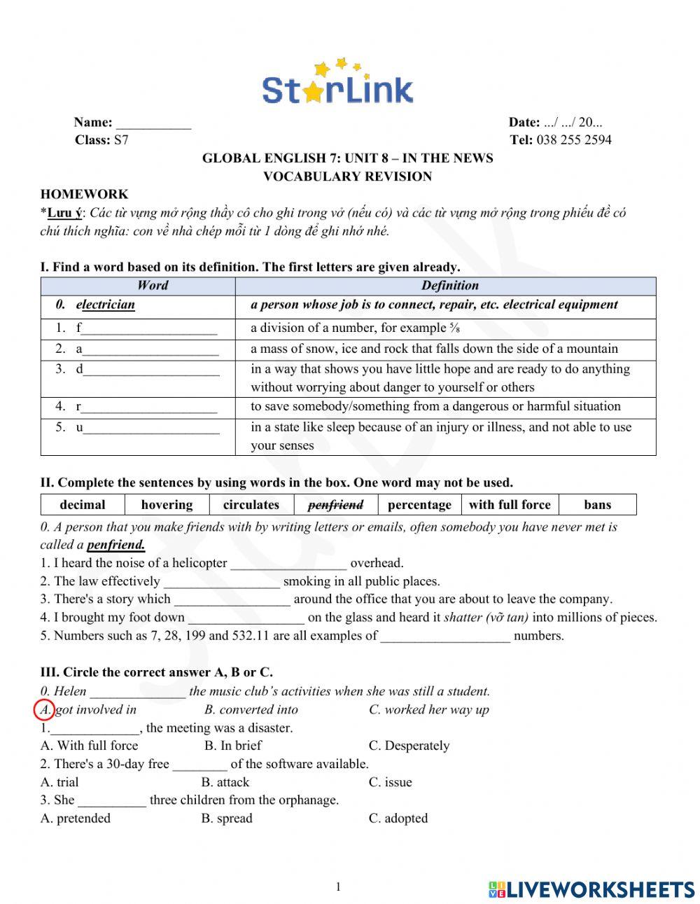 Foreign Teacher-S7-Week 28-U8-Vocab Revision