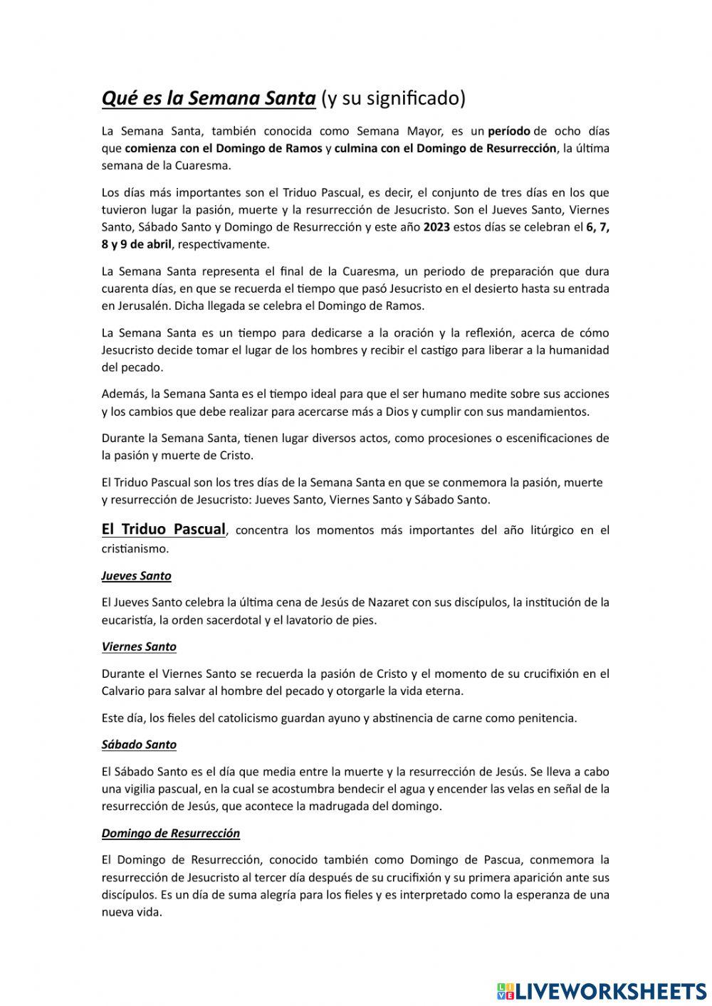 ¿Qué es la Semana Santa? worksheet Live Worksheets