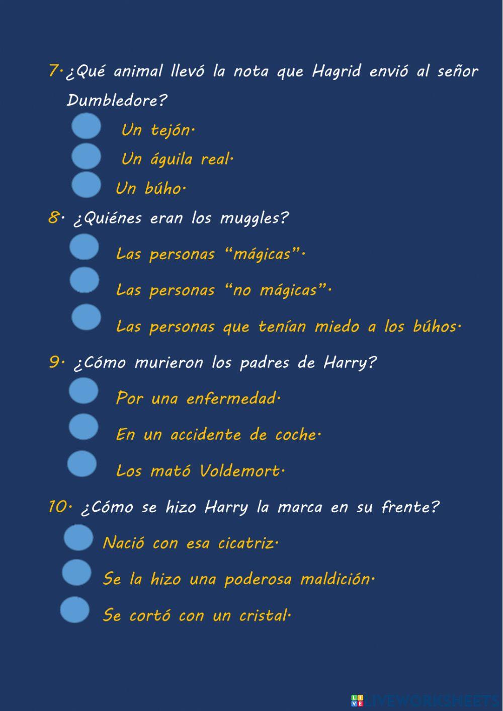 Comprensión lectora Cap.4 Harry Potter