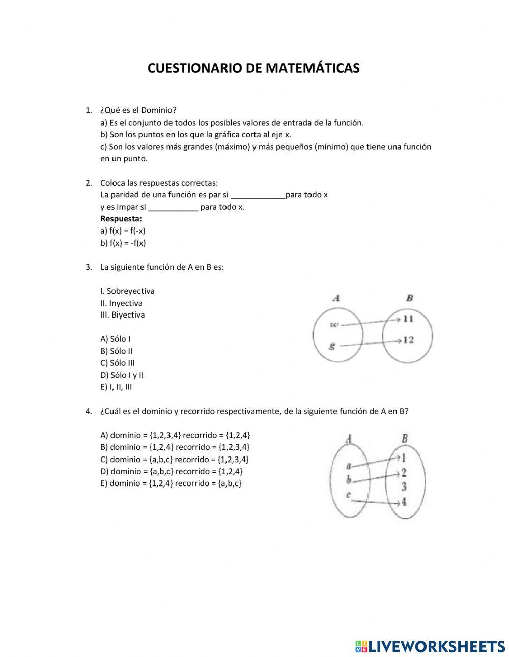 Cuestionario de matematicas