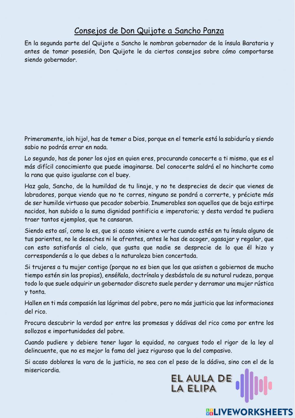 Consejos de Don Quijote a Sancho Consejos de Don Quijote a Sancho