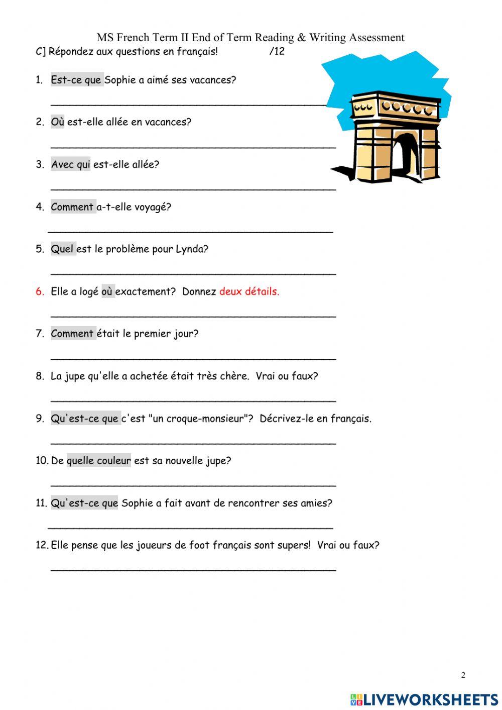 French term ii reading and writing assessment online exercise for
