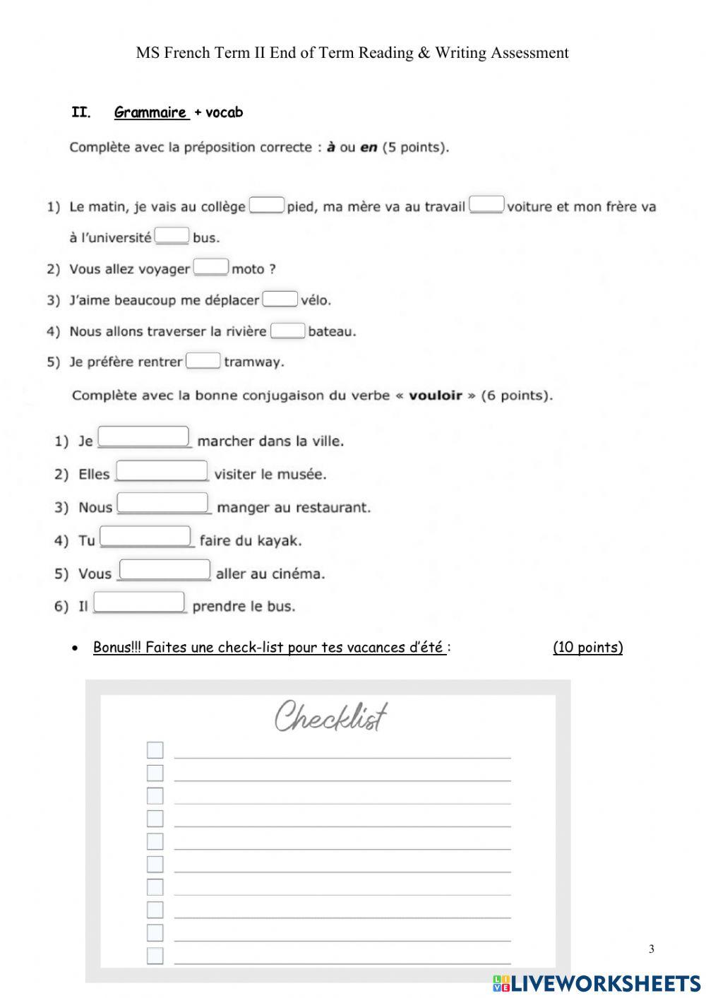 French Term II Reading and writing Assessment 