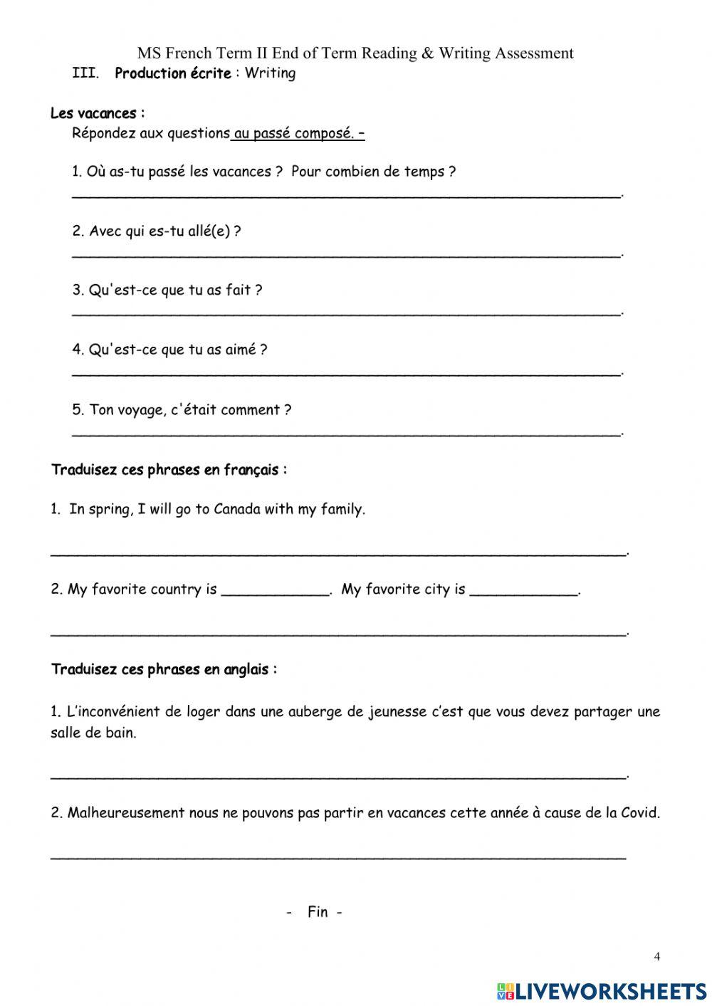 French Term II Reading and writing Assessment 