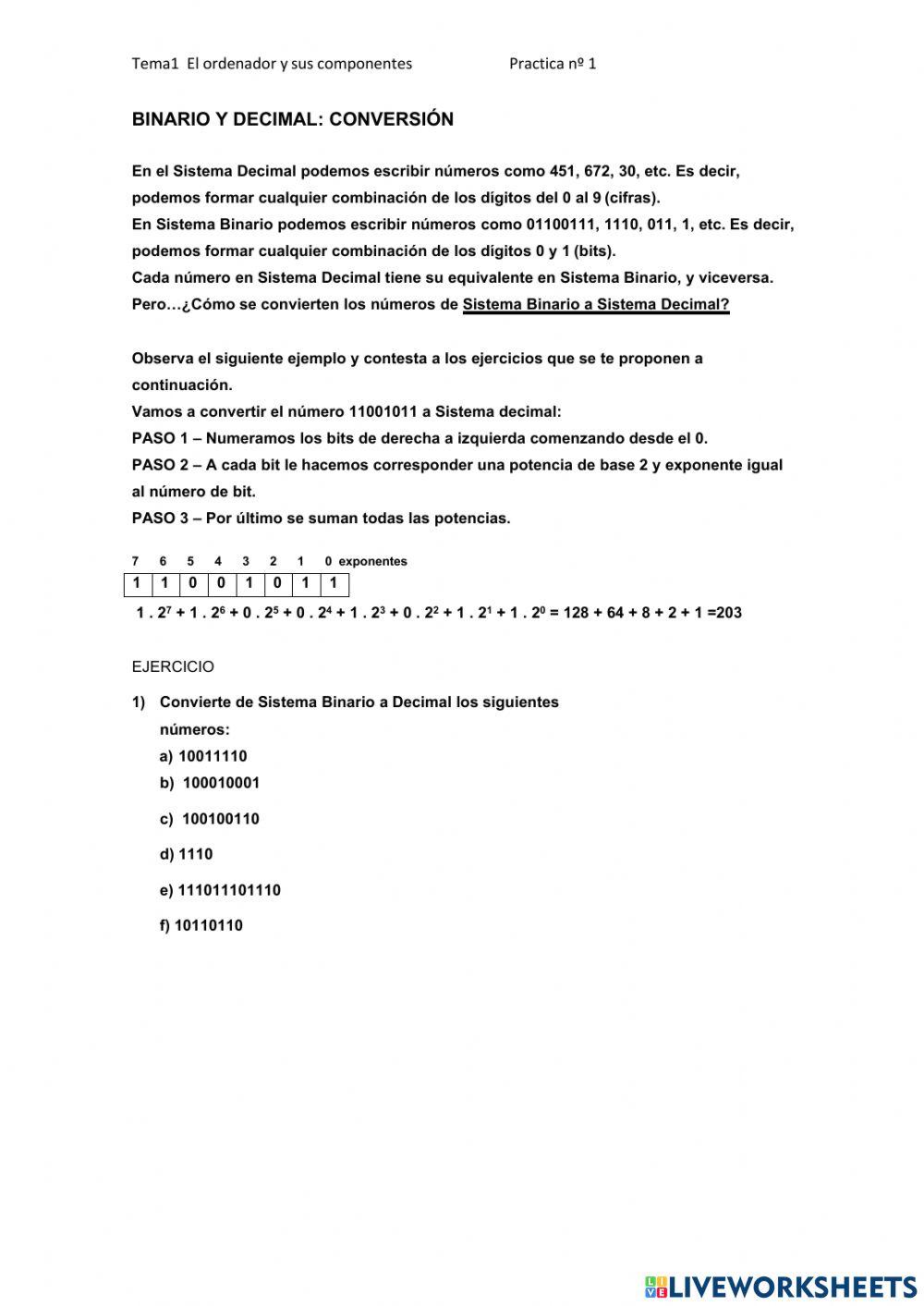 Conversion de decimal a binario y viceversa