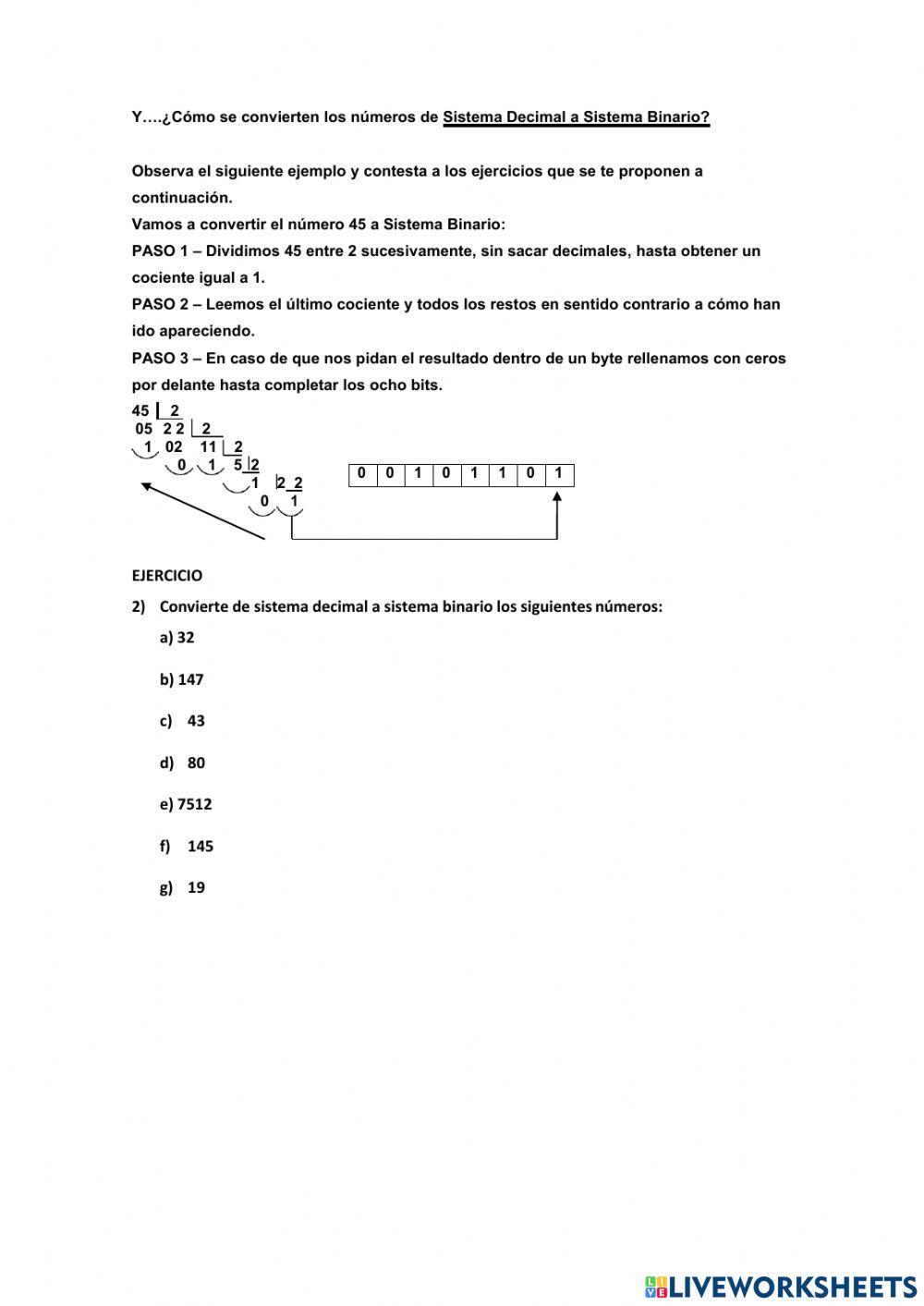 Conversion de decimal a binario y viceversa