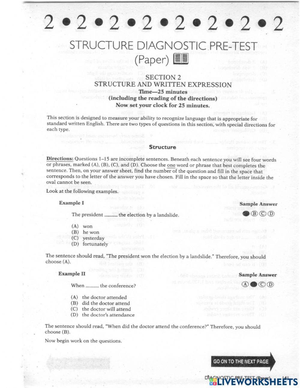 Pre test toefl structure and written expression online exercise for