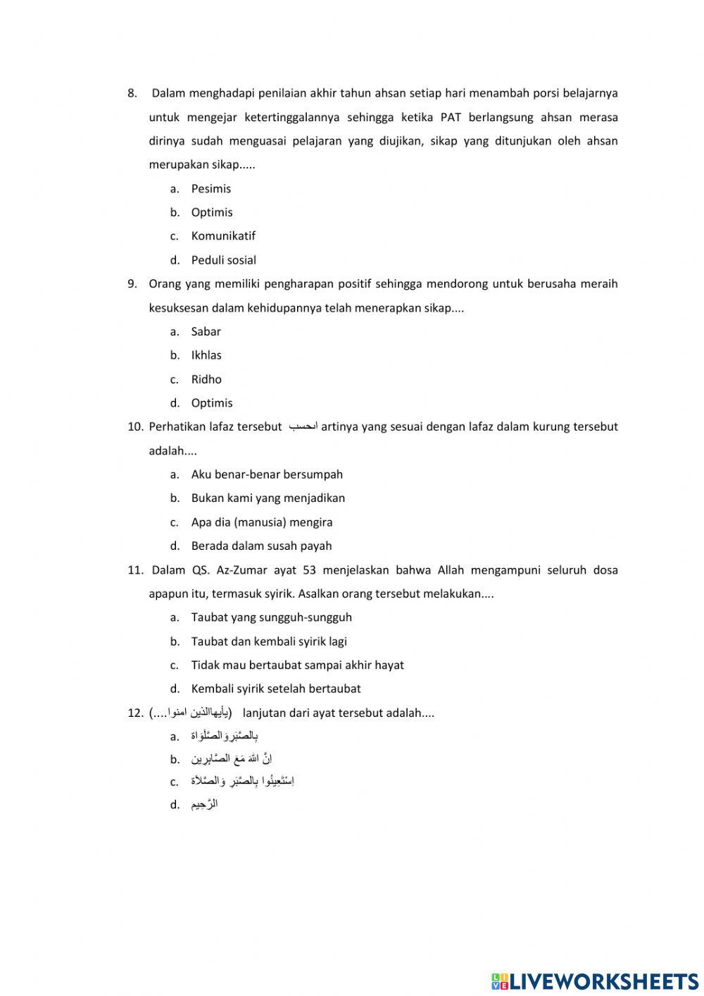 Soal PTS qur'an hadits kelas vii
