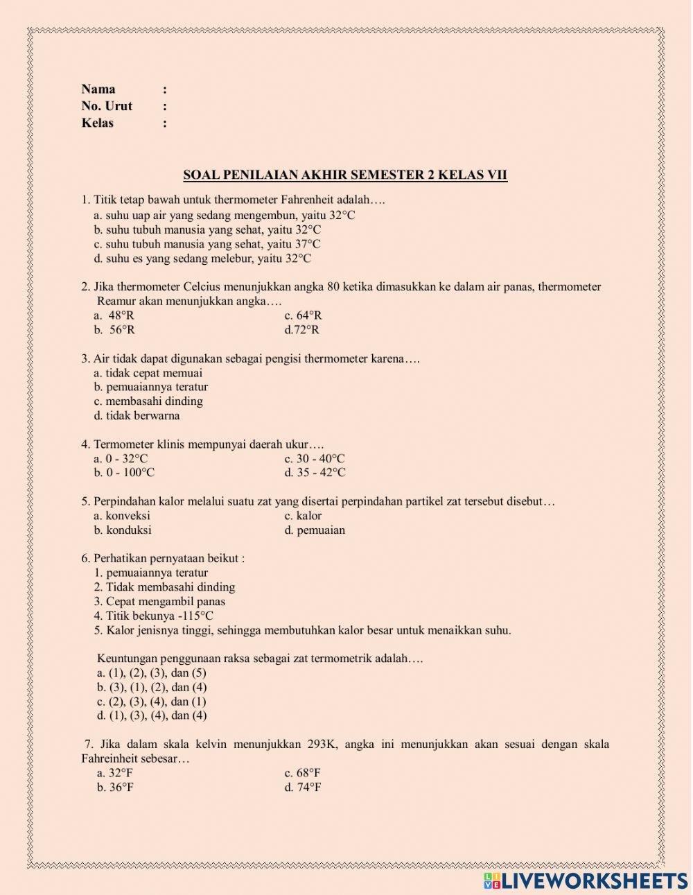 Soal penilaian akhir semester 2 kelas vii