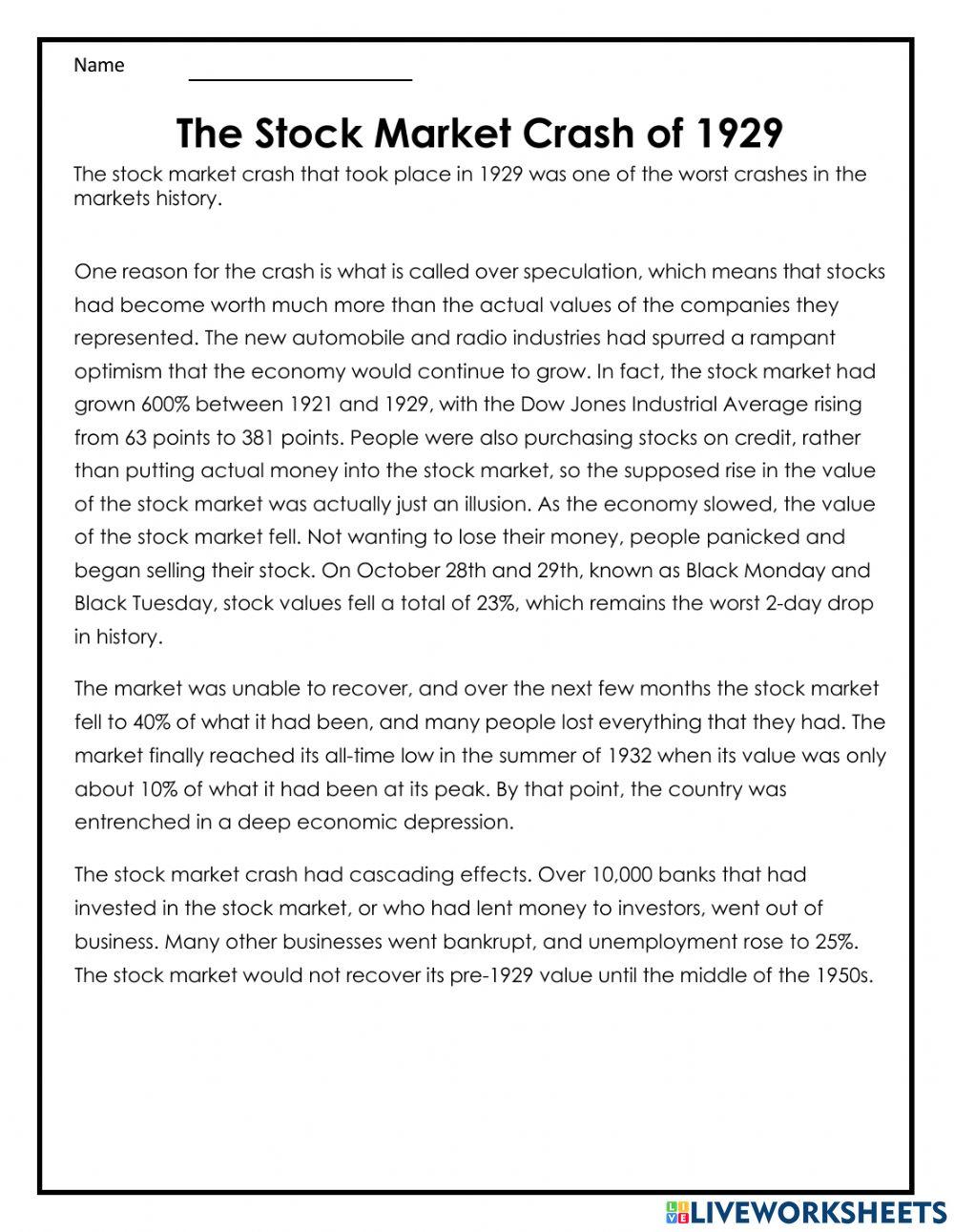 Stock Market Crash of 1929 Reading and Questions